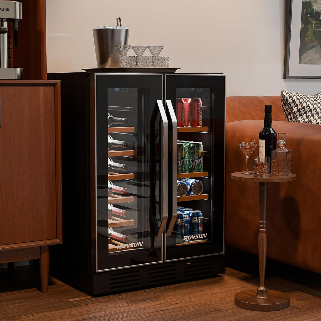 ROVSUN Dual Zone Wine and Beverage Refrigerator, 34 Bottle Wine Fridge with 2 Glass Door & Digital Temperature Control, Built-in/Freestanding/Under Counter Wine Cooler Chiller for Wine Champagne Beer
