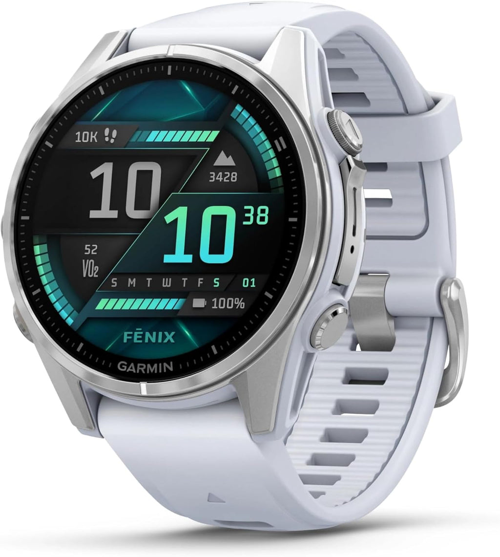 Garmin fēnix® 8 – 43mm, AMOLED, Premium Multisport GPS Smartwatch, Long-Lasting Battery Life, Dive-Rated, Built-in LED Flashlight, Silver with Whitestone Band (Renewed)