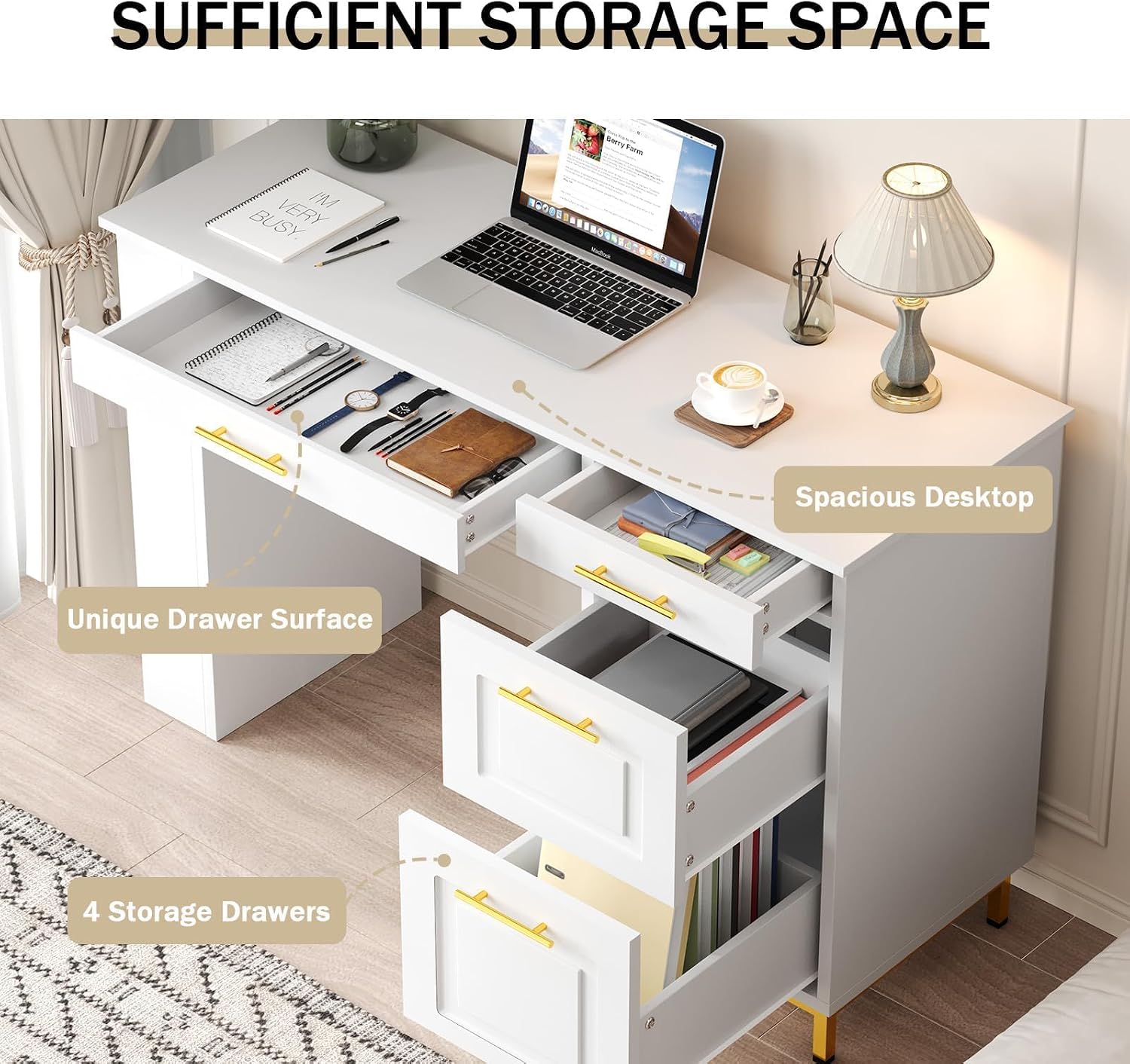 4 EVER WINNER White Desk with Drawers, 48 Inch Small Desks with Power Outlet and Side Shelf, Wood Computer Desk with Storage for Small Spaces, Study, Bedroom, White and Gold