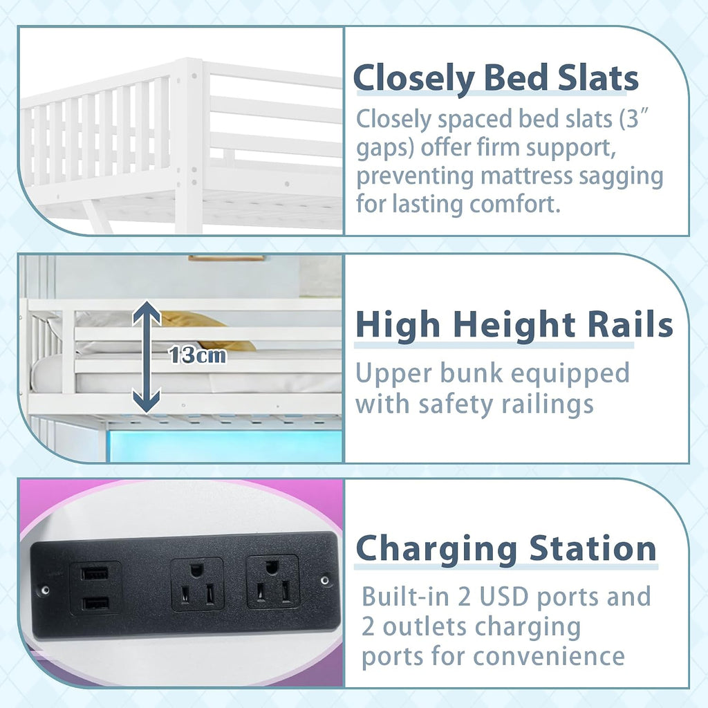 Full Size Loft Bed with Stairs and Desk, Gaming Loft Beds with RGB LED Light and Storage Shelf, Heavy-Duty Metal Loft Bed Frame with Wardrobe, Charging Port for Kids Teens, White
