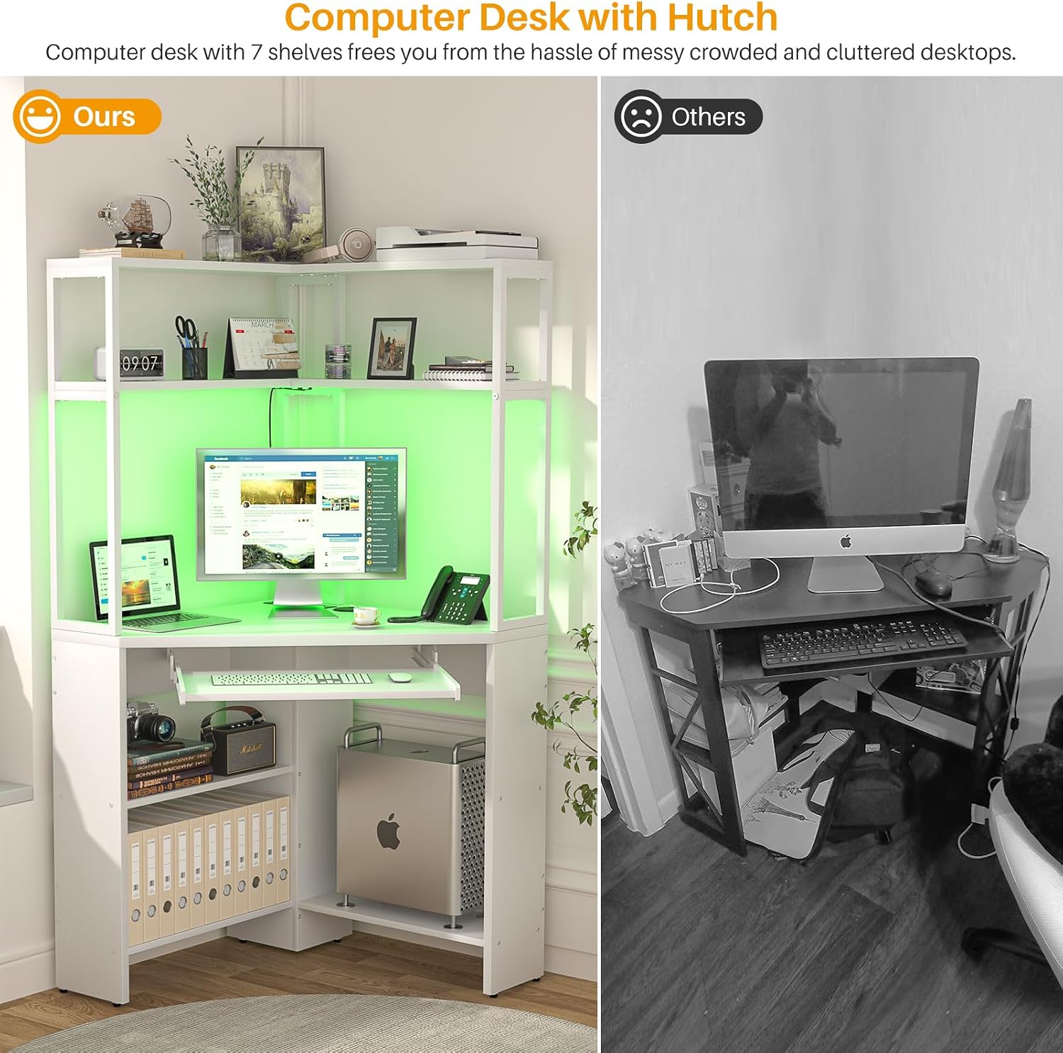 Armocity Corner Desk with Hutch and LED Light, L-Shaped Desk with Power Outlets & USB Ports, Corner Gaming Desk with Keyboard Tray and Storage Shelves, Home Office Workstation for Small Space White