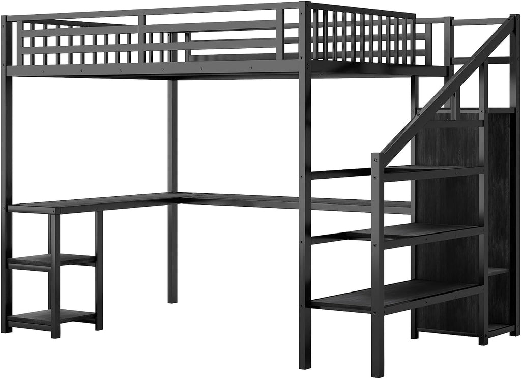 Queen Size Loft Bed with Desk and Stairs, Gaming Loft Bed with RGB LED Light and Storage, Heavy-Duty Metal Loft Beds Frame with Wardrobe, Shelves and Charging Station for Adults Kids Teens, Black