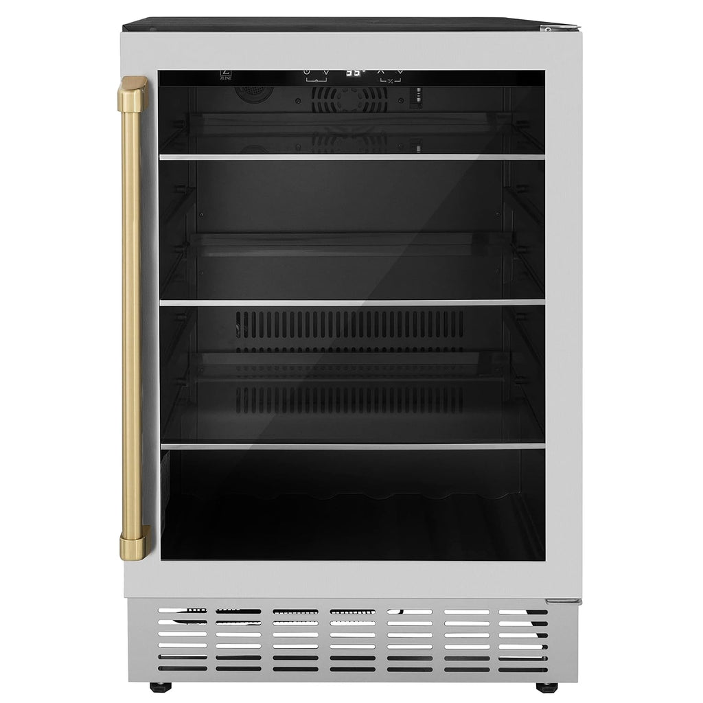 Z Line Kitchen and Bath ZLINE 24' Autograph Edition 154 Can Beverage Cooler Fridge with Adjustable Shelves in Stainless Steel with Champagne Bronze Accents (RBVZ-US-24-CB)