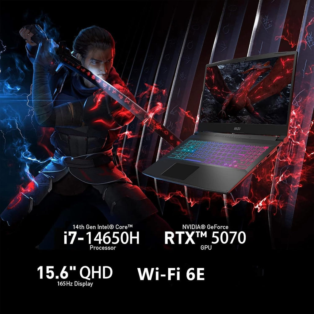 msi Katana 165Hz Gaming Laptop, 15.6' QHD Display, Intel Core i7-14650HX, GeForce RTX 5070, 16GB RAM 1TB SSD, 256gb 9H Docking Station, Backlit Keyboard, Bluetooth, Webcam, Windows 11 Pro, Black