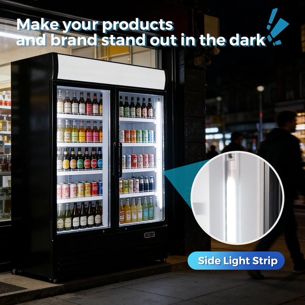 36 Cu Ft Commercial Beverage Refrigerator with 2 Glass Doors - Drink Cooler Merchandiser with LED Light Display, 8 Adjustable Shelves, ETL Approved for Business & Retail, Black