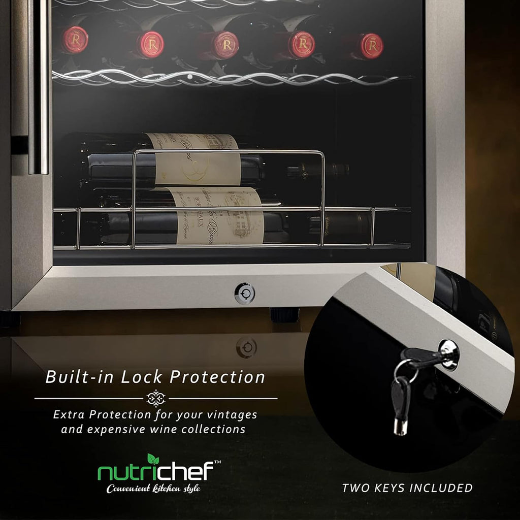 Nutrichef 34 Bottle Wine Fridge - Single Zone Beverage Refrigerator with Adjustable Temperature 41°F - 64°F, Ultra Quiet Operation Wine Cooler for Home, Office & Kitchen, Stainless Steel