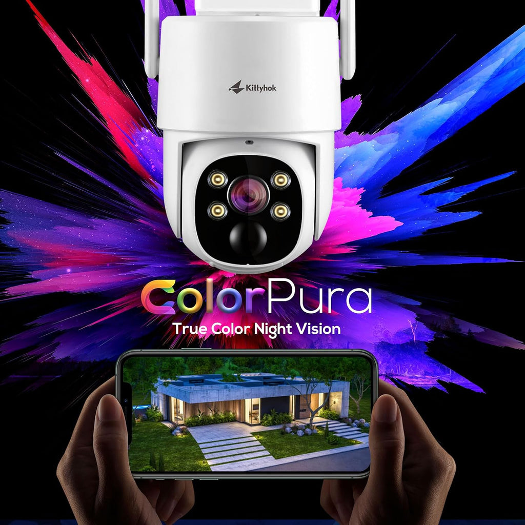Kittyhok Outdoor Solar Security Camera System Wireless | 4pcs 2K Solar PTZ Security Camera, Pro Color Night Vision, Human Detection, 360 Viewing | 10CH NVR with 10'' HD Monitor, 60 Days Local Storage