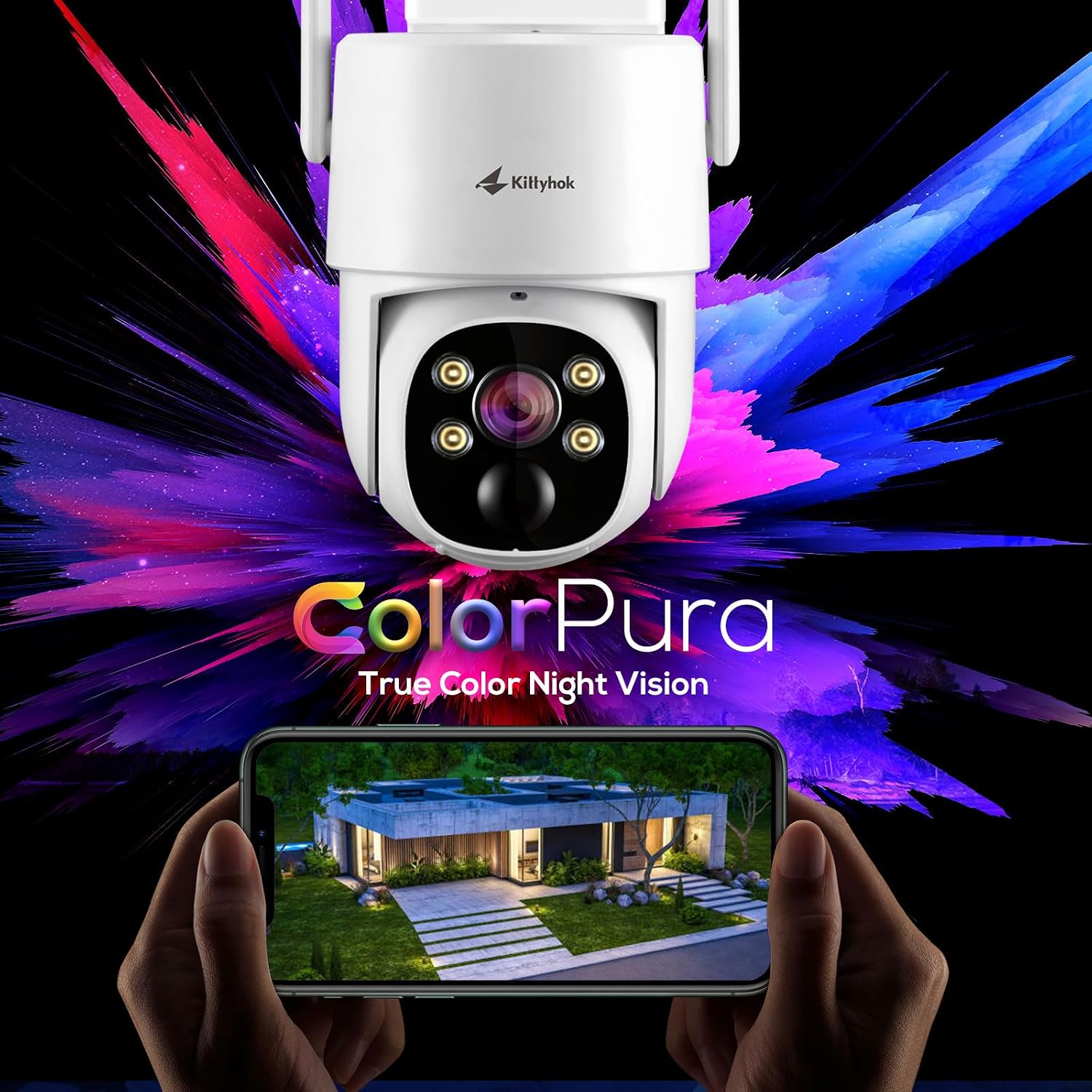 Kittyhok Outdoor Solar Security Camera System Wireless | 4pcs 2K Solar PTZ Security Camera, Pro Color Night Vision, Human Detection, 360 Viewing | 10CH NVR with 10'' HD Monitor, 60 Days Local Storage