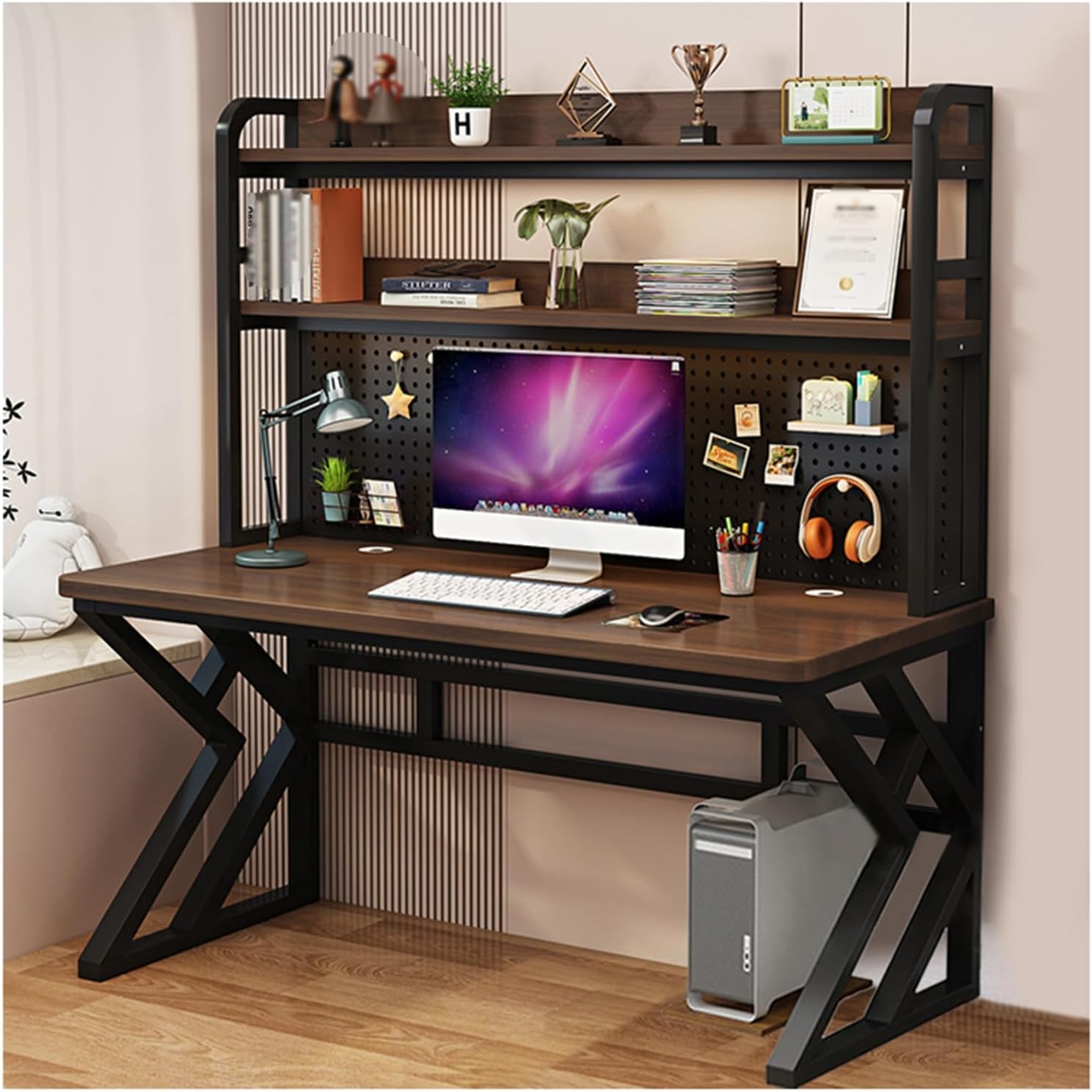 31.4in Gaming Desk with Bookshelf Combo, Computer Desk with Pegboard, Large Writing Table with Desktop Shelves, Ample Leg Room, for Home Office (Brown, 31.4in)
