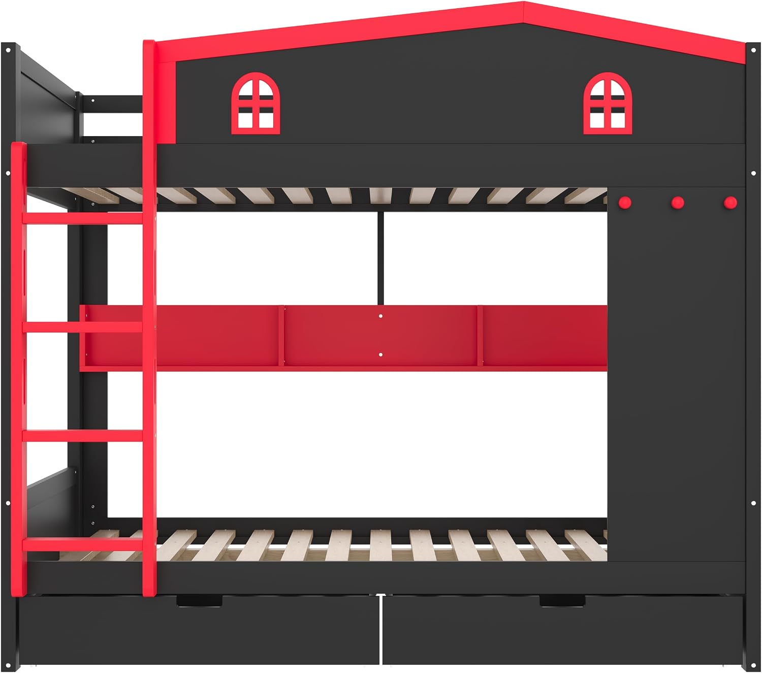 Queen Over Queen Bunk Bed with Storage Drawers, Hooks and Storage Shelves, Solid Wood Bunk Beds for Kids Teens, Bedroom Space-Saving Furniture (Black+Red/D)