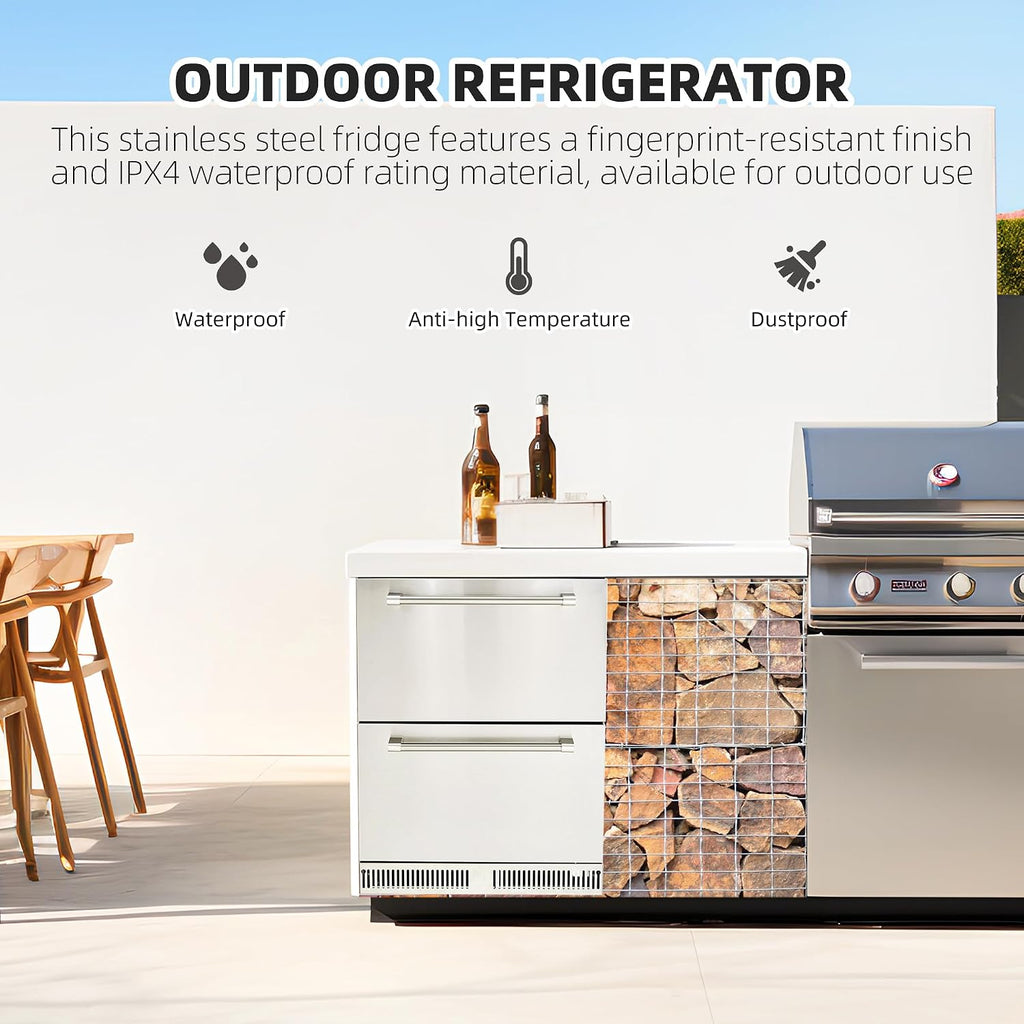 Garvee 24 in Outdoor Drawer Fridge, Counter Double Drawer Beverage Refrigerator, 5.2 Cu.Ft. Weather Proof Stainless Steel Built-in Fridge for Residential Commercial Use Black