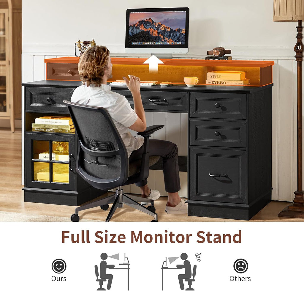 HAUOMS Farmhouse Executive Desk with Drawers Computer Desk with File Drawers, Power Outlet and Led Lights, Executive Office Desk with Storage Cabinet and Monitor Shelf for Home Office, Black