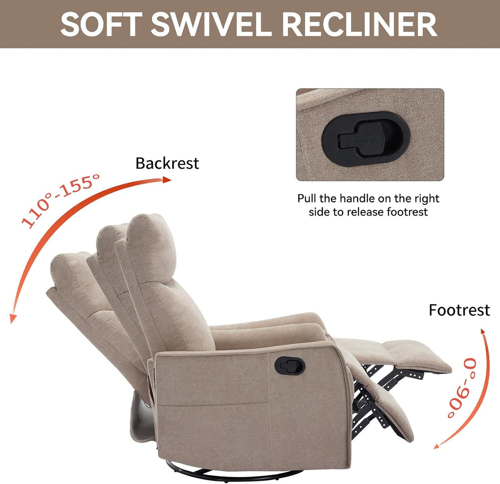 Massage Rocker Swivel Recliner Chair for Adults, Manual Recliner Glider with Lumbar Heating, Technical Flannel Fabric Nursery Glider Rocking Chair with Vibration Massage for Living Room - Khaki