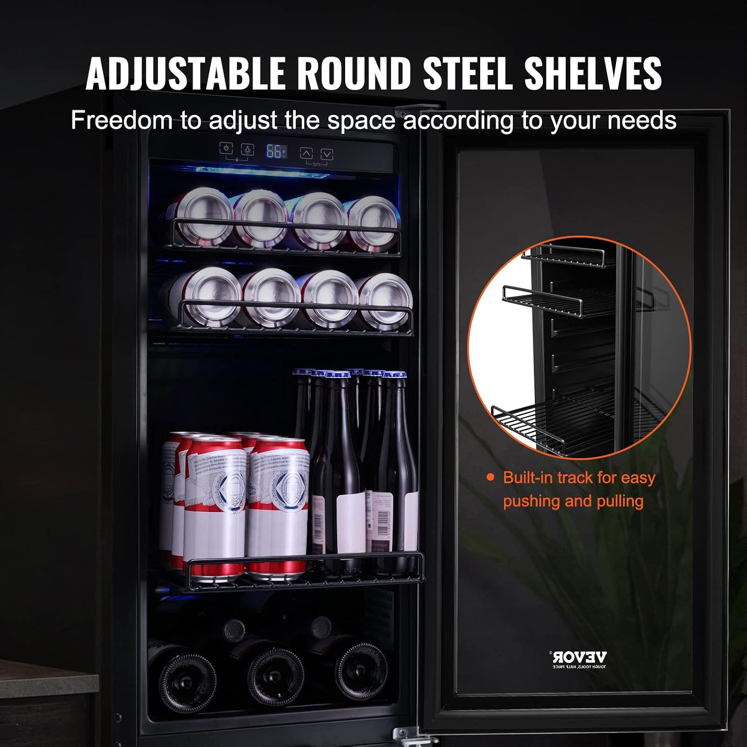 VEVOR 15' Beverage Refrigerator, 96 Cans Under Counter Built-in or Freestanding Beer Fridge, Blue LED Light, Adjustable Shelves, Child Lock, ETL