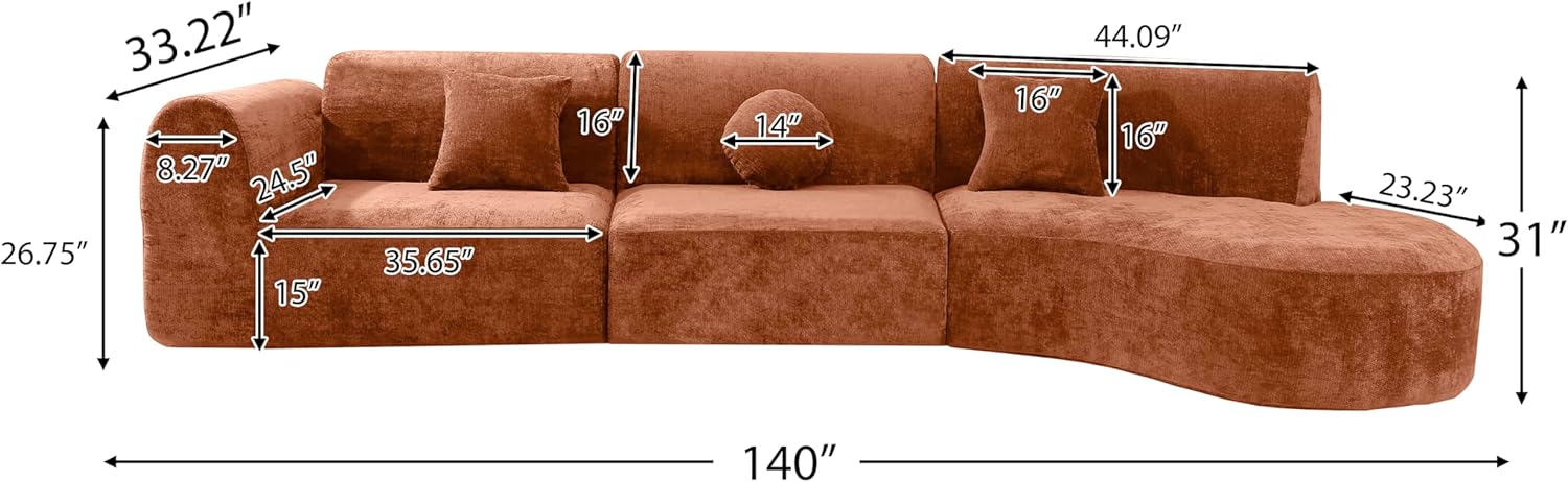 Merax 140' Curved Polyester Sectional Sofa Set, 7 Seat Modern Cloud Couch with Chaise Lounge,3 Pillows, Fully Assembled for Living Room, Orange