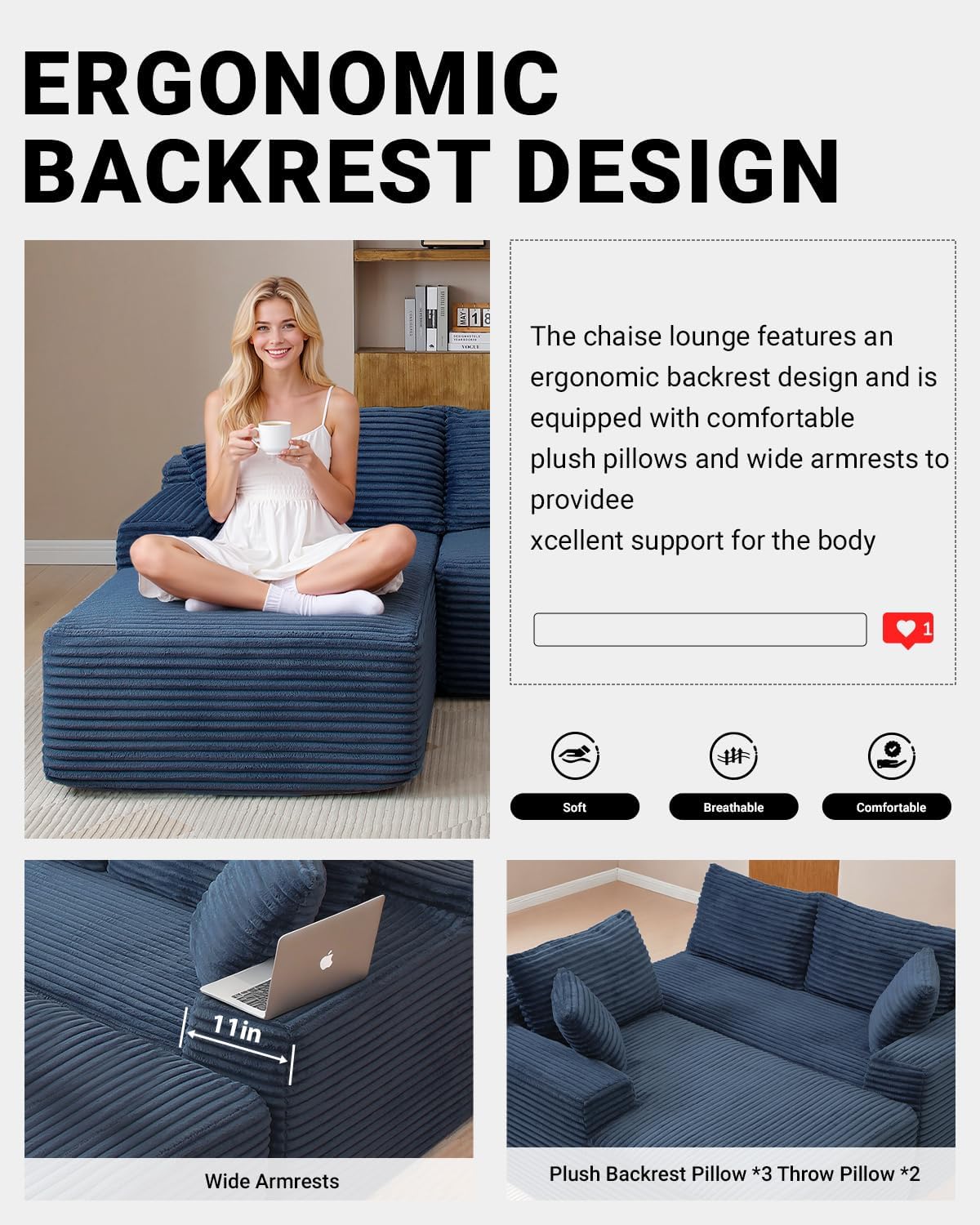 108' Cloud Sectional Couch,Modern Modular Sectional Sofa with Deep Seat,Corduroy Boneless Couches with L-Shape Chaise for Living Room,No Assembly Required (Blue, Left Facing Chaise)