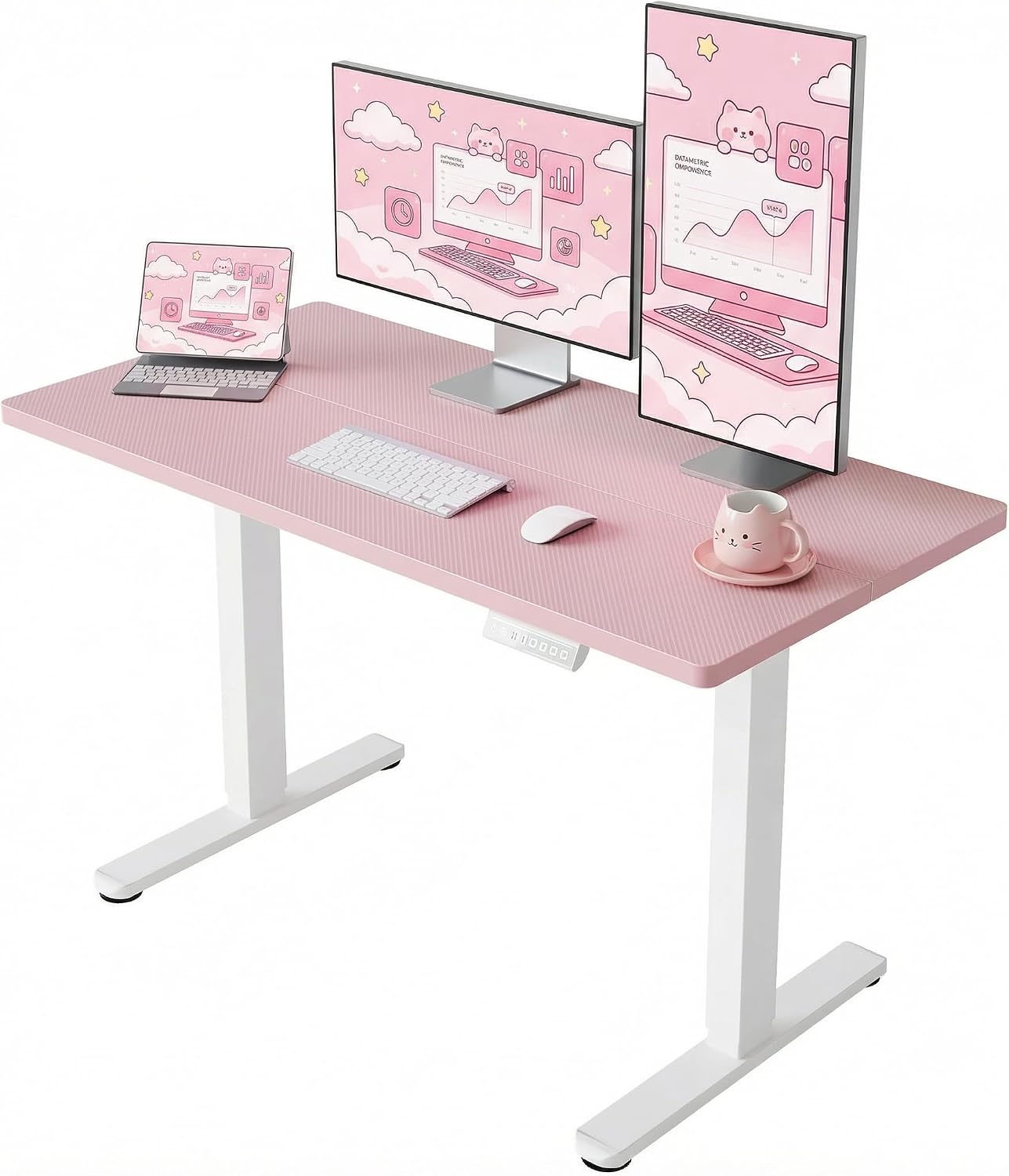 HUANUO Electric Standing Desk,48' x 24' Height Adjustable Desk, 4 Memory Height Settings, Sit to Stand Up Desk for Home Office, with Headphone Hook, Cable Manager, Pink