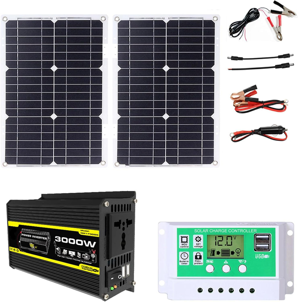 3000W Solar Inverter System Kit with 50W Waterproof Foldable Solar Panel 50 A Solar Charge Controller Complete Power Kit with 2 USB Ports 1 Outlet Home Grid System(Black,12v-110v)