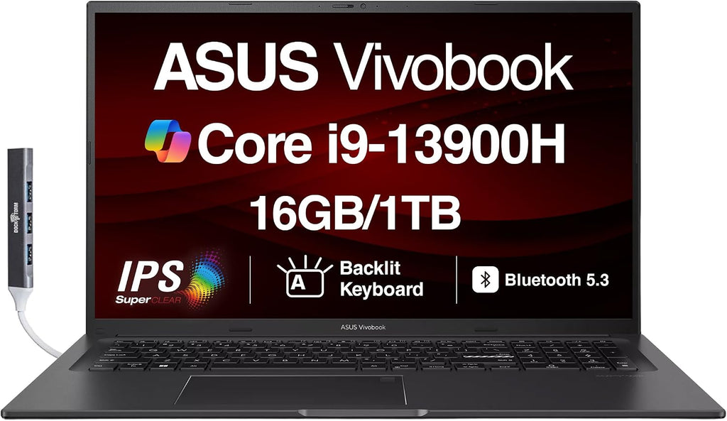 ASUS Vivobook K3704VA-DS96 17X Laptop 17.3' IPS FHD Display (Intel i9-13900H, 16GB DDR4, 1TB PCIe SSD, Intel Iris Xe, Backlit KB, Fingerprint, Webcam, WiFi 6E, Win 11 Pro) with Dockztorm Hub