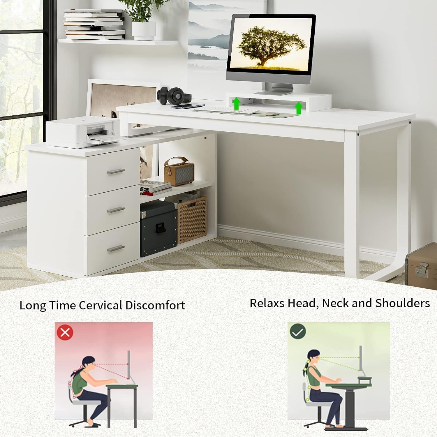 MaverickFurni 55' White Desk with Drawers and Shelves, Reversible L Shaped Desk with Monitor Stand, Home Office Desk with Storage for Work Writing Study, White