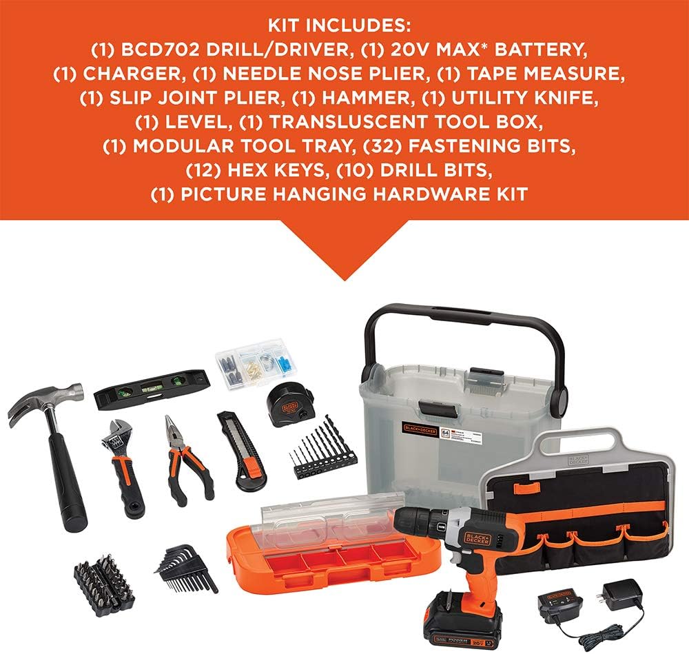 BLACK+DECKER 20V MAX Drill with Home Tool Kit, 64-Piece (BCKSB62C1)