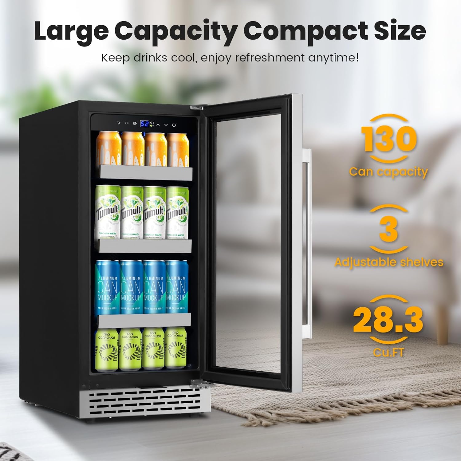 15 Inch Beverage Refrigerator,130 Cans Under Counter Beverage Fridge with Glass Door for Soda Beer Water, Freestanding Reversible Door Beverage Cooler Refrigerator for Home&Kitchen