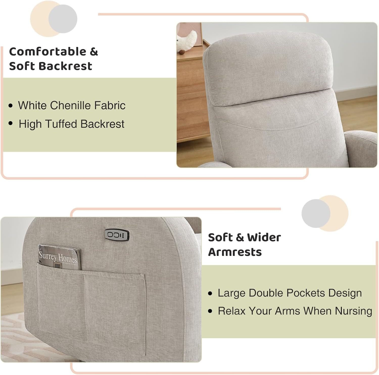 Nursery Glider Recliner, Power Swivel Rocking Recliner with USB & Type-C Port, Swivel Nursering Reclining Rocker with Double Pockets for Living Room, Camel Chenille