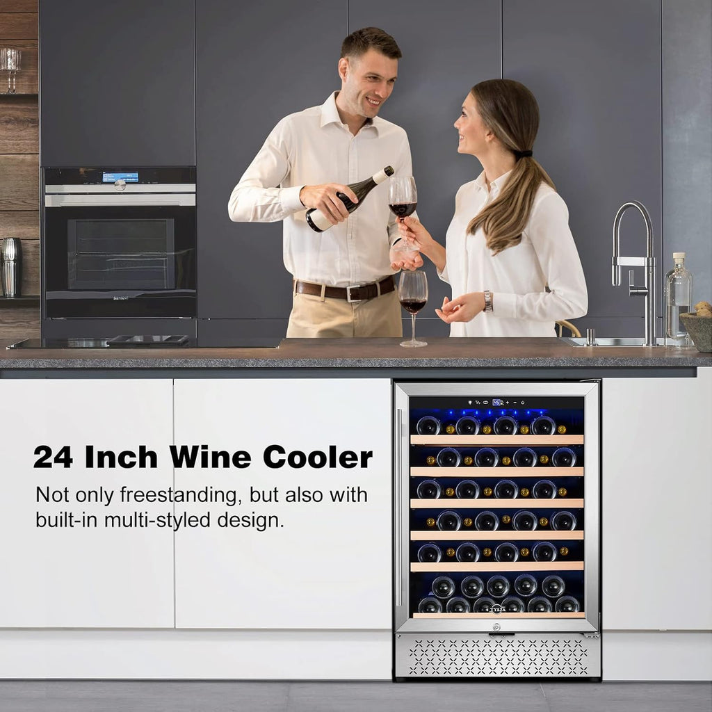 Tylza 24 Inch Wine Fridge, 54 Bottles Wine Refrigerator, Under Counter or Freestanding, 40-65°F, Lock, Double Layer Tempered Glass Door, Wine Cooler Refrigerator with Adjustable Wooden Shelves