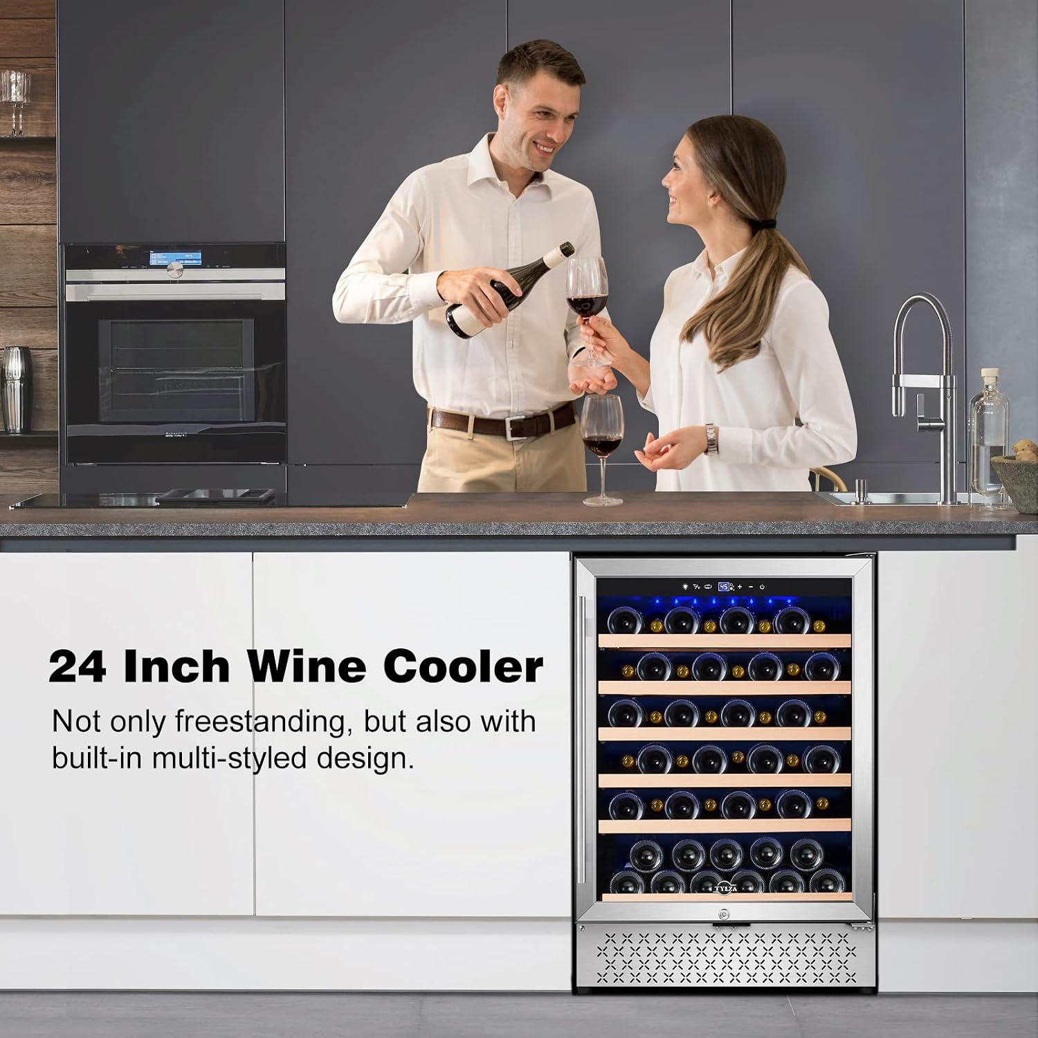 Tylza 24 Inch Wine Fridge, 54 Bottles Wine Refrigerator, Under Counter or Freestanding, 40-65°F, Lock, Double Layer Tempered Glass Door, Wine Cooler Refrigerator with Adjustable Wooden Shelves