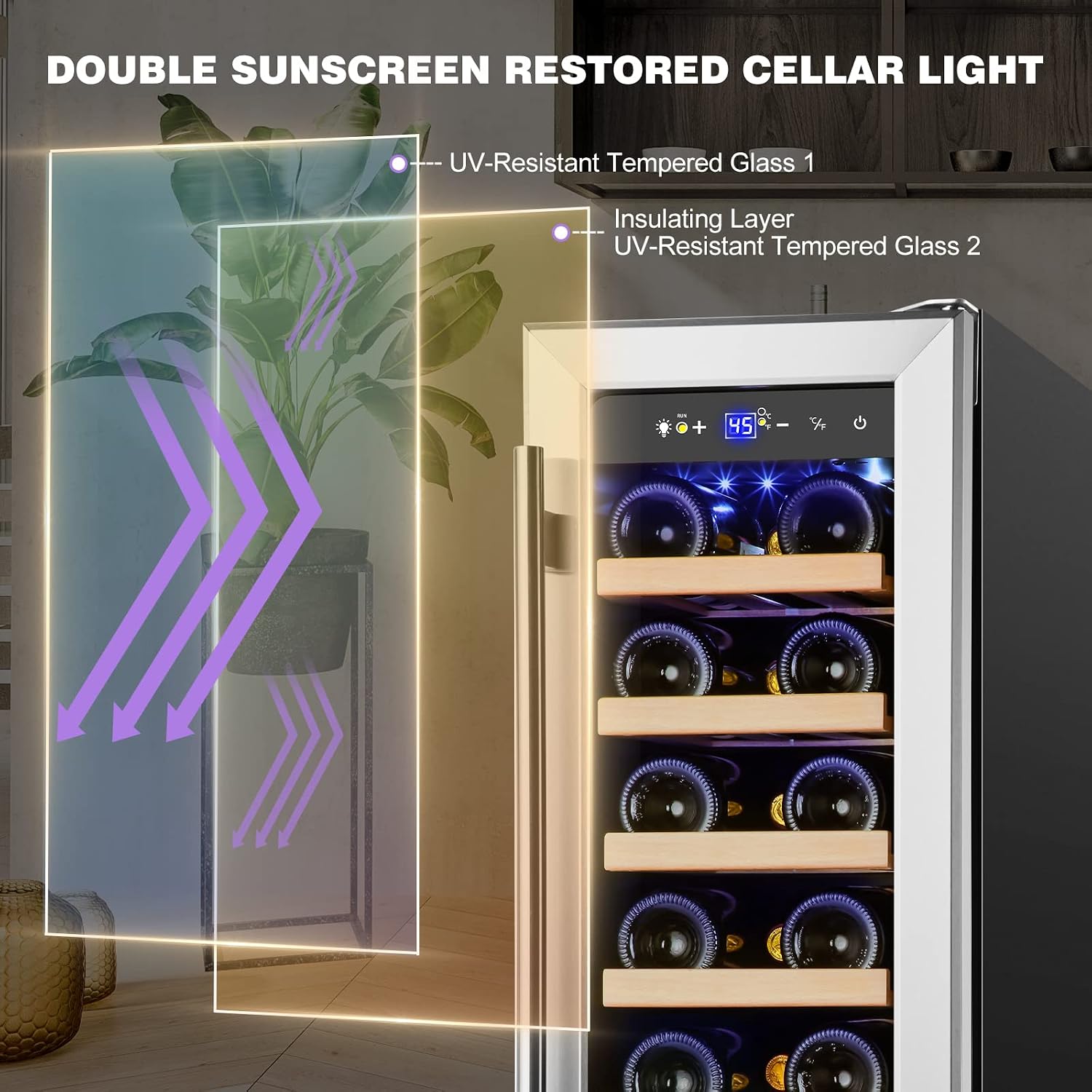Tylza 12' Wine Cooler Refrigerator, 18 Bottles Wine Fridge Built-in or Freestanding with Stainless Steel & Double-Layer Tempered Glass Door, Compressor Fast Cooling, Low Noise and No Fog, Mini Fridge