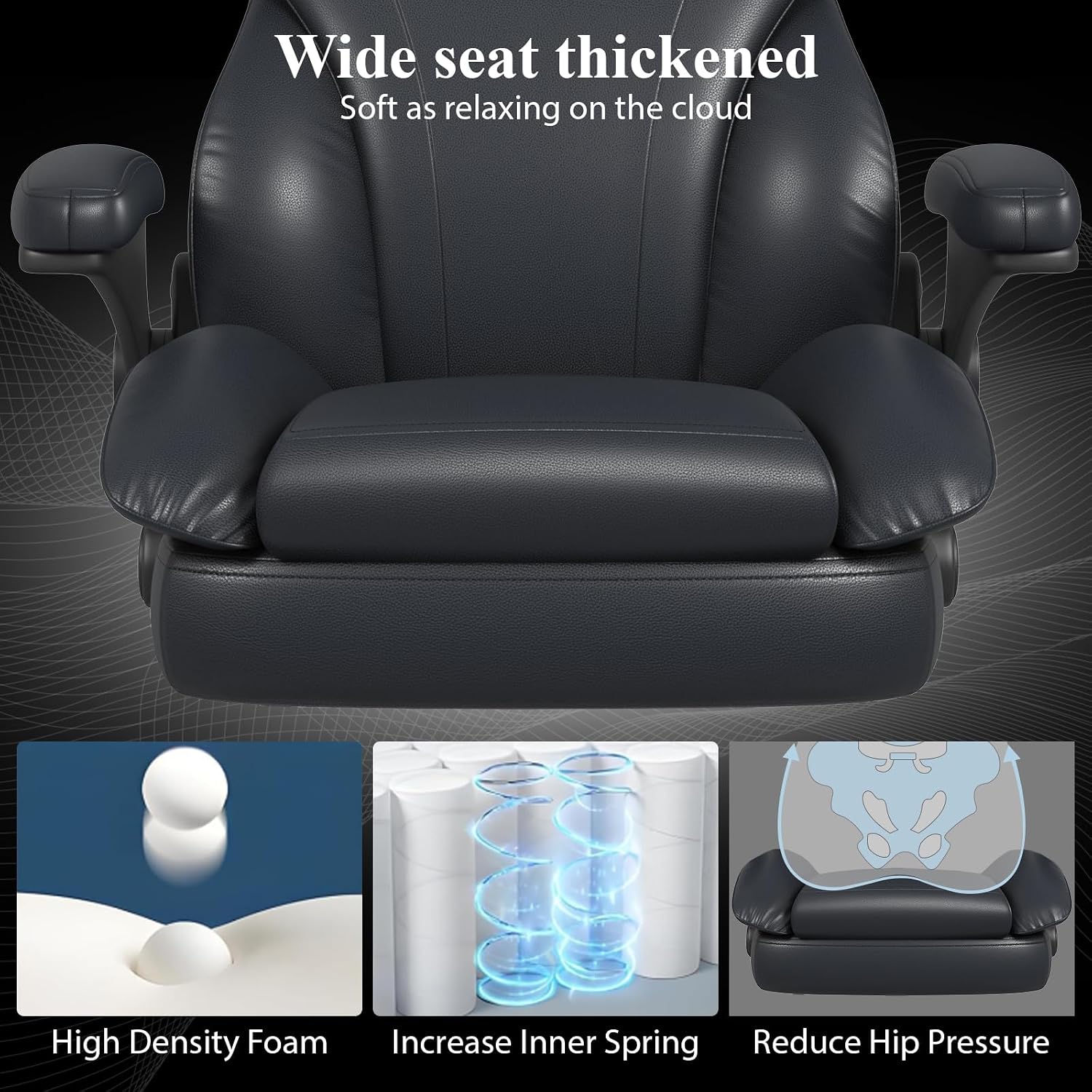 Office Desk Chair, Executive Leather Office Chair, High Back Ergonomic Home Desk Chair with Padded Flip-up Arms, Big and Tall Computer Chair with Rocking Function, 360°Swivel Free, Black