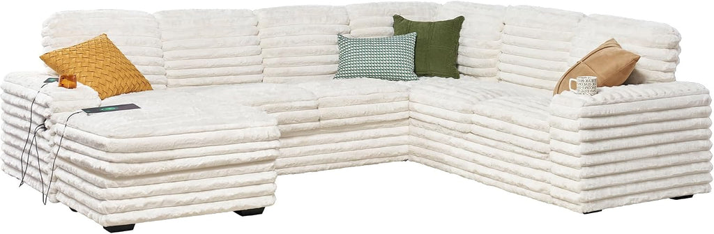 AMERLIFE 112 Inch U Shaped Couch, Oversized Couch with Storage Chaise & Cup Holders, Sectional Sofa with USB & Type-C Charging Ports, Faux Fur White Sofa