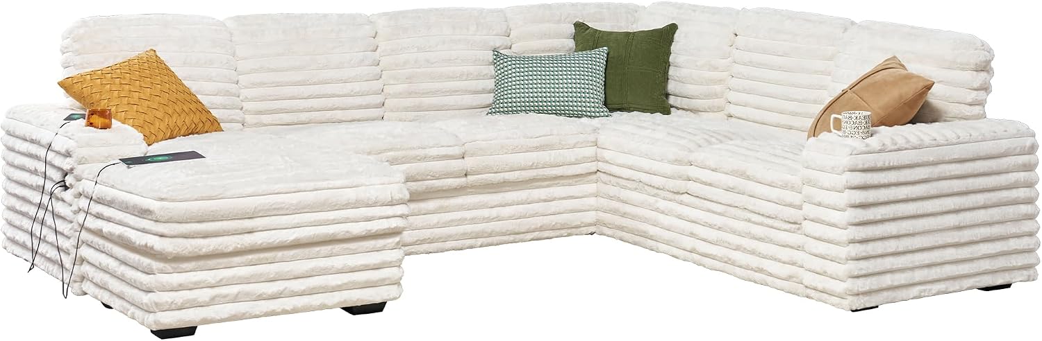 AMERLIFE 112 Inch U Shaped Couch, Oversized Couch with Storage Chaise & Cup Holders, Sectional Sofa with USB & Type-C Charging Ports, Faux Fur White Sofa