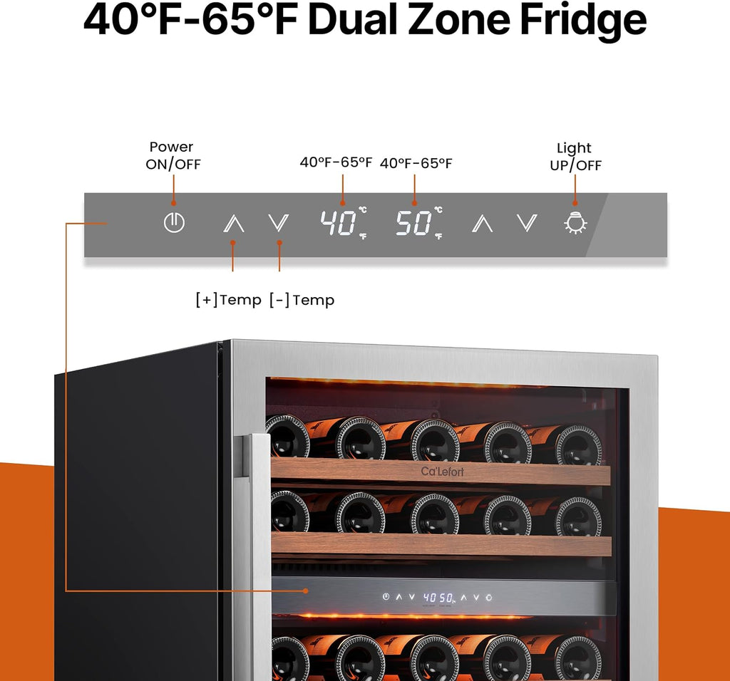 Ca'Lefort Wine Fridge & Cooler - 24 Inch 52 Bottle Wine Cooler Refrigerator, 40-65°F Dual Zone Wine Refrigerator Glass Door, 3 LED Built-in or Freestanding Fridge for Home/Bar/Kitchen (5.65 cu.ft)
