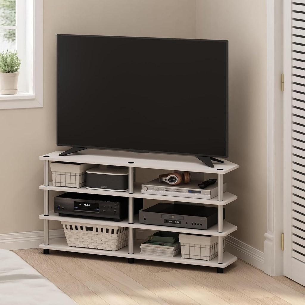 Furinno ECON TV Stand, 4-Tier Wide Corner Entertainment Center, TV Console for TV up to 55 Inch, Easy Assembly, for Living Room, Bedroom, White Oak/Stainless Steel Tubes