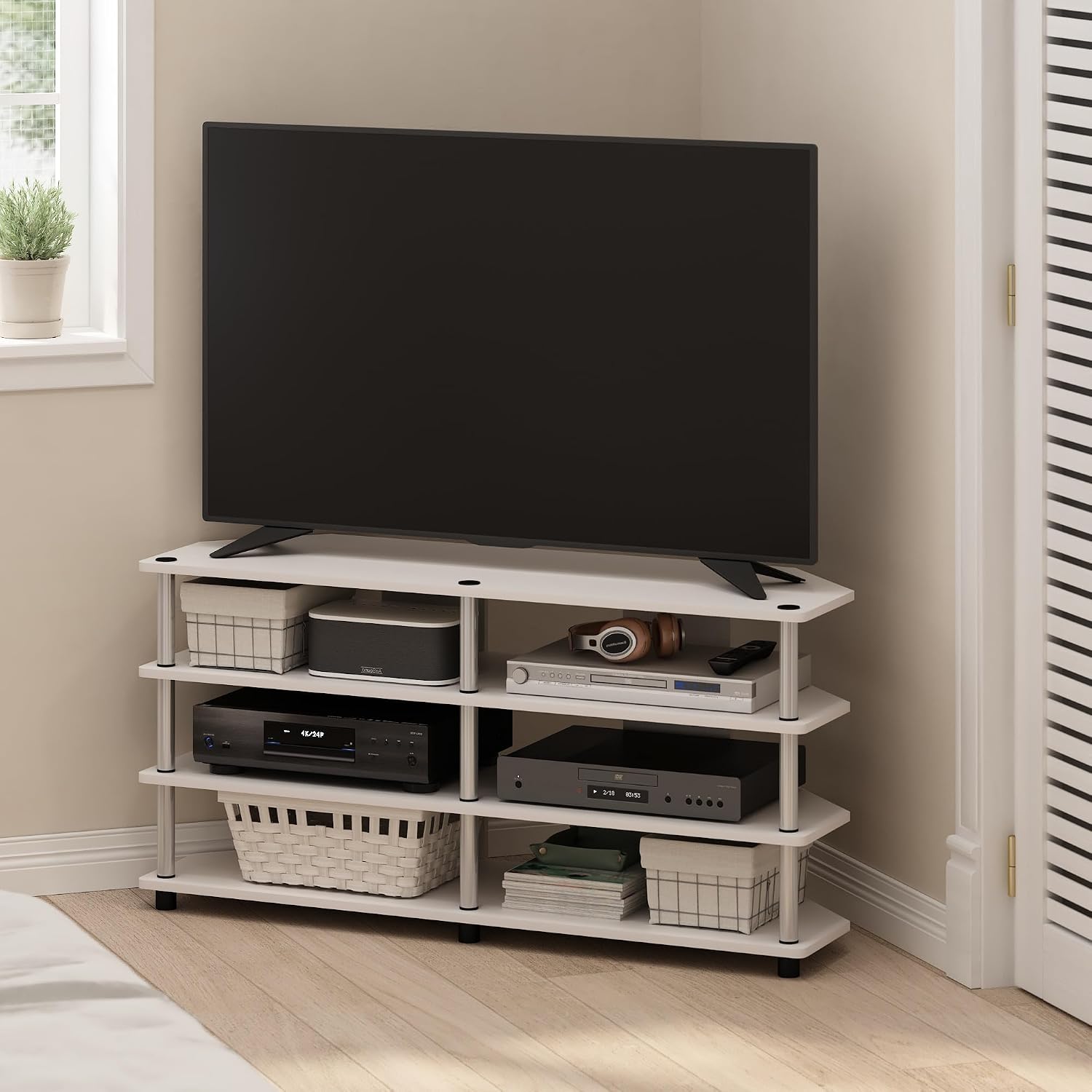 Furinno ECON TV Stand, 4-Tier Wide Corner Entertainment Center, TV Console for TV up to 55 Inch, Easy Assembly, for Living Room, Bedroom, White Oak/Stainless Steel Tubes
