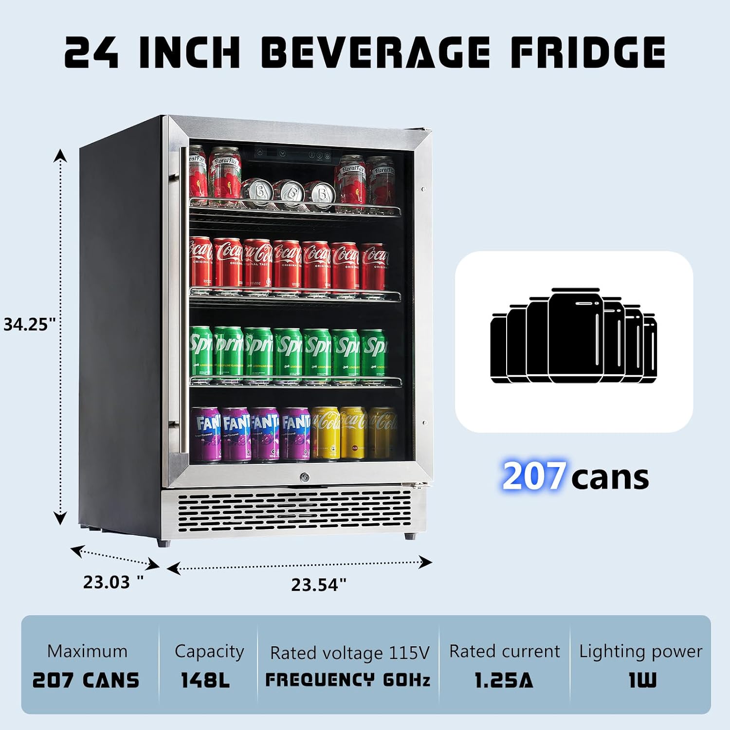 Albott Beverage Refrigerator-24 In fridge with Glass Door, Adjustable Shelves and LED Touch Panel, Under Counter Design for Wine Beer, Built-In or Freestanding Use, 34-64℉