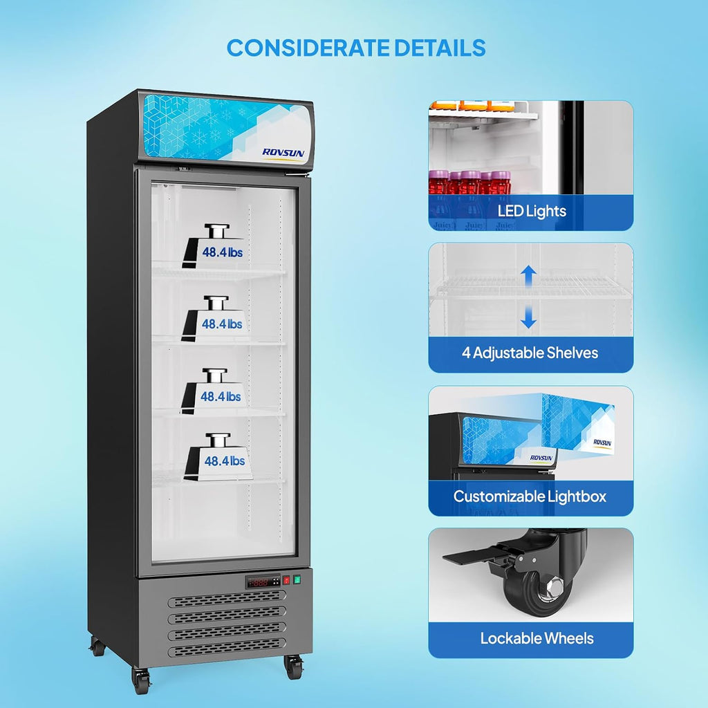 ROVSUN 17 Cu.Ft Commercial Beverage Refrigerator ETL NSF, Slim Merchandiser Refrigerator Display Refrigerator Beverage Cooler Glass Door Fridge w/Adjustable Shelves LED Light for Bar Restaurant Cafe