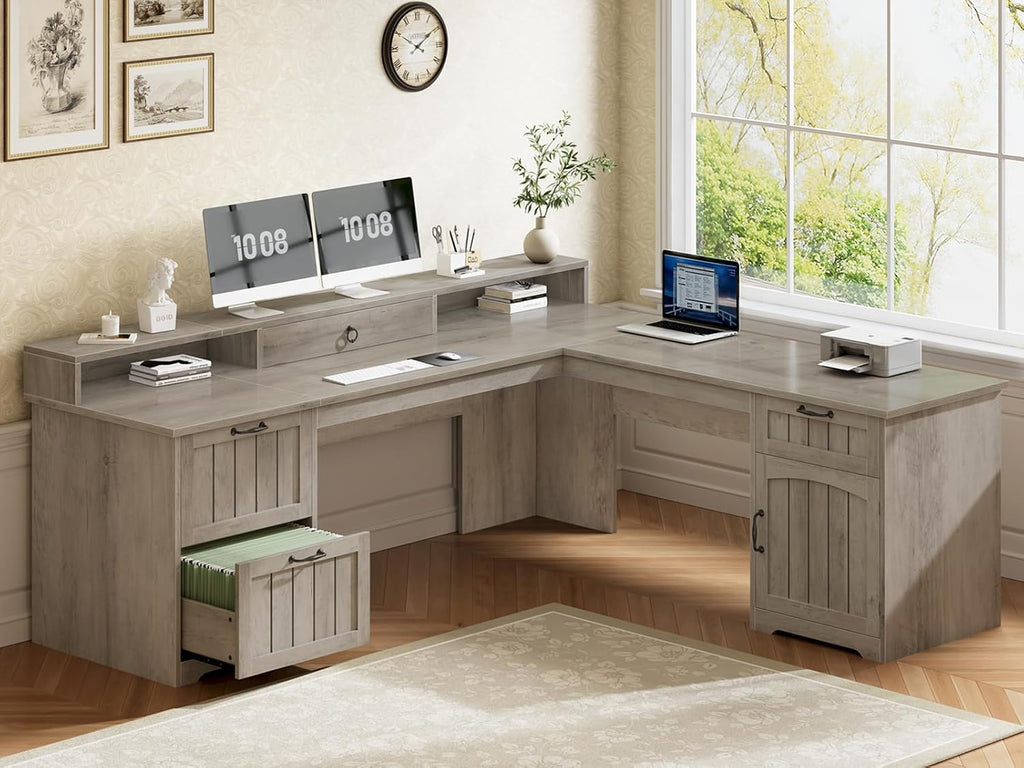 SEDETA 63' L Shaped Desk with Drawers, Farmhouse Corner Computer Desk, Wood Office Desk with File Drawers with Storage, Executive Desk with Monitor Stand and Storage Cabinet, Grey