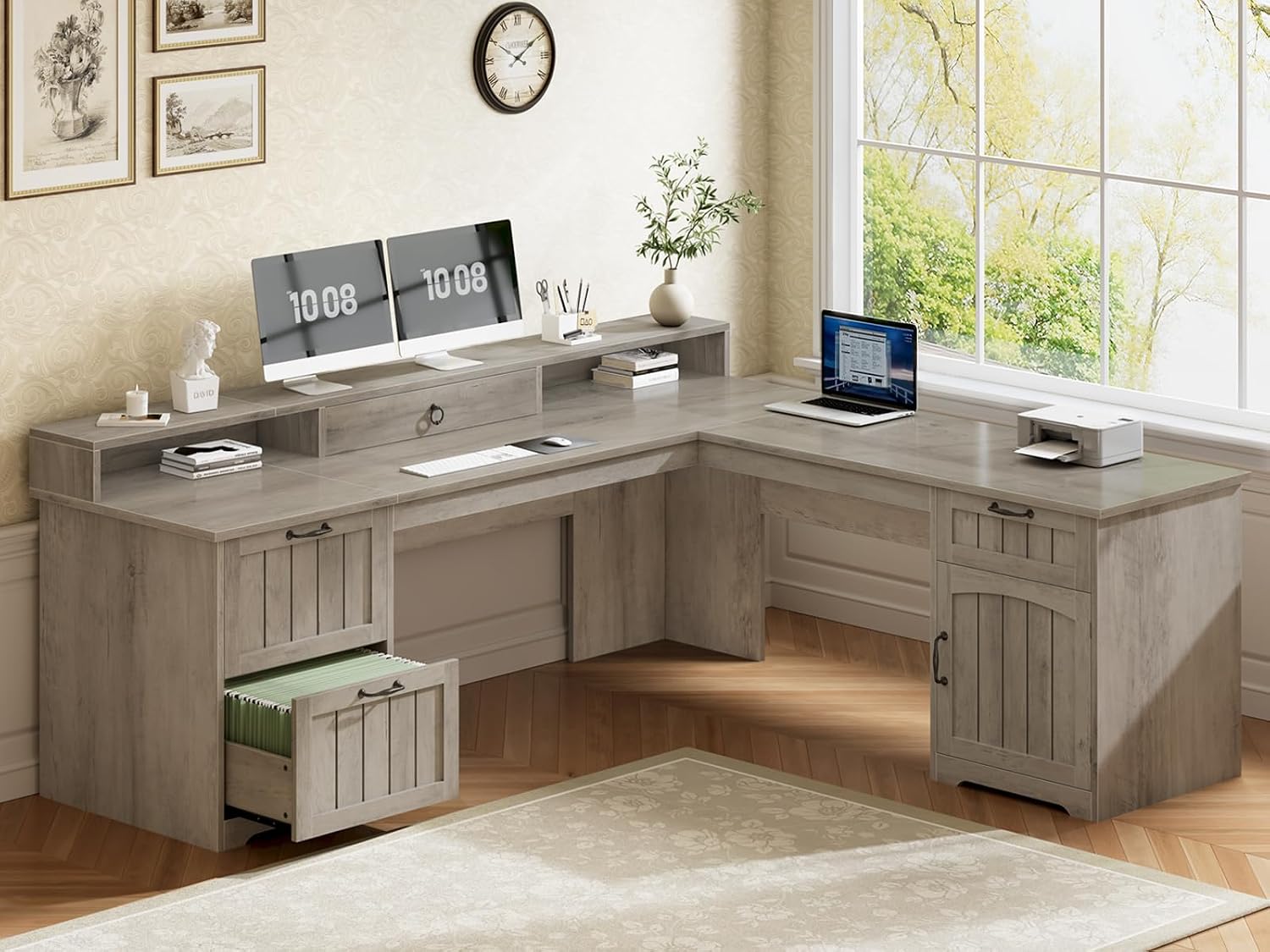 SEDETA 63' L Shaped Desk with Drawers, Farmhouse Corner Computer Desk, Wood Office Desk with File Drawers with Storage, Executive Desk with Monitor Stand and Storage Cabinet, Grey