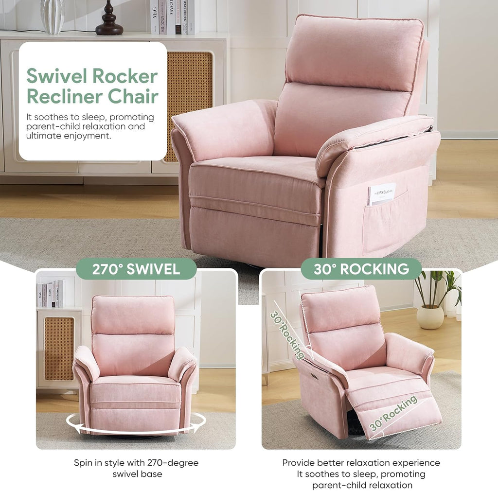 Power Nursery Rocking Chair with Massage and Heat,Swivel Rocker Recliner with Adjustable Headrest,Glider Recliner Nursery Chair for Breastfeeding,Nursery Rocker Recliner for Living Room,Pink