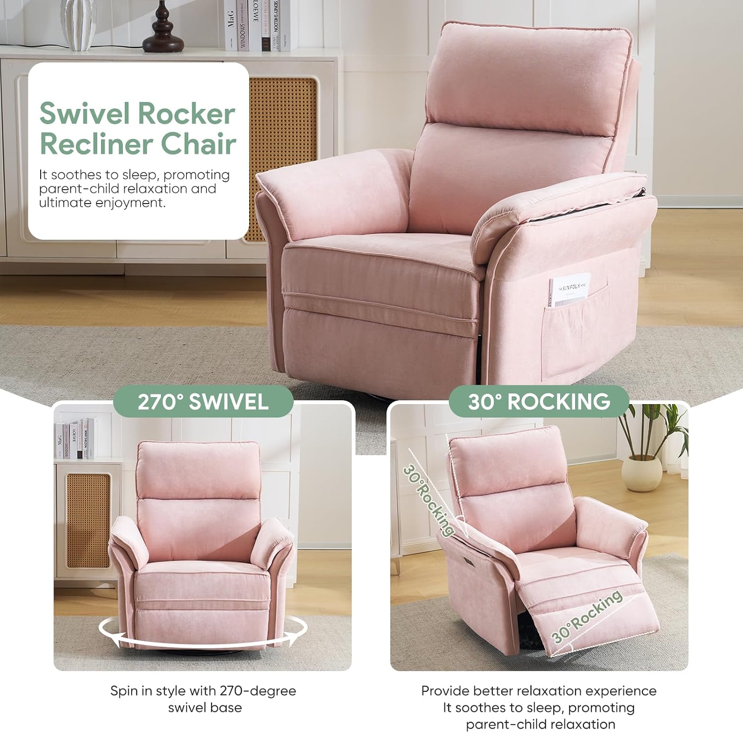 Power Nursery Rocking Chair with Massage and Heat,Swivel Rocker Recliner with Adjustable Headrest,Glider Recliner Nursery Chair for Breastfeeding,Nursery Rocker Recliner for Living Room,Pink