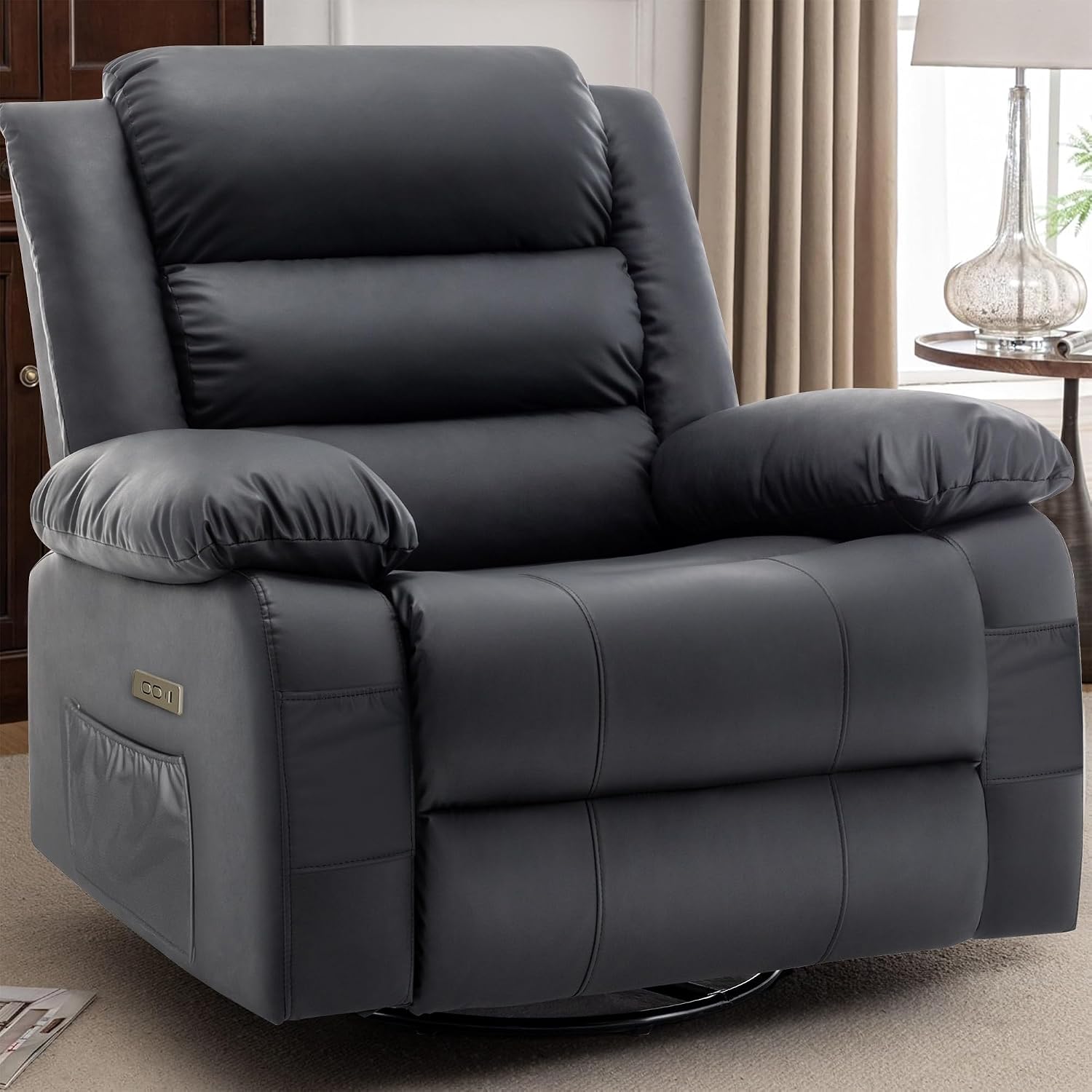 Korser Power Recliner Chair, Electric Rocker Recliner with Massage and Heat, 270° Swivel Glider, Oversized Wide Seat with USB Port, Cashmere Nursery Chair for Living Room, Black