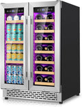 24 Inch Wine and Beverage Refrigerator, 90 Can & 21 Bottle Dual Zone Under Counter or Freestanding Wine Beverage Cooler, 3 LED Stainless-Steel Fridge with Glass Door Fast Cooling for Home/Kitchen