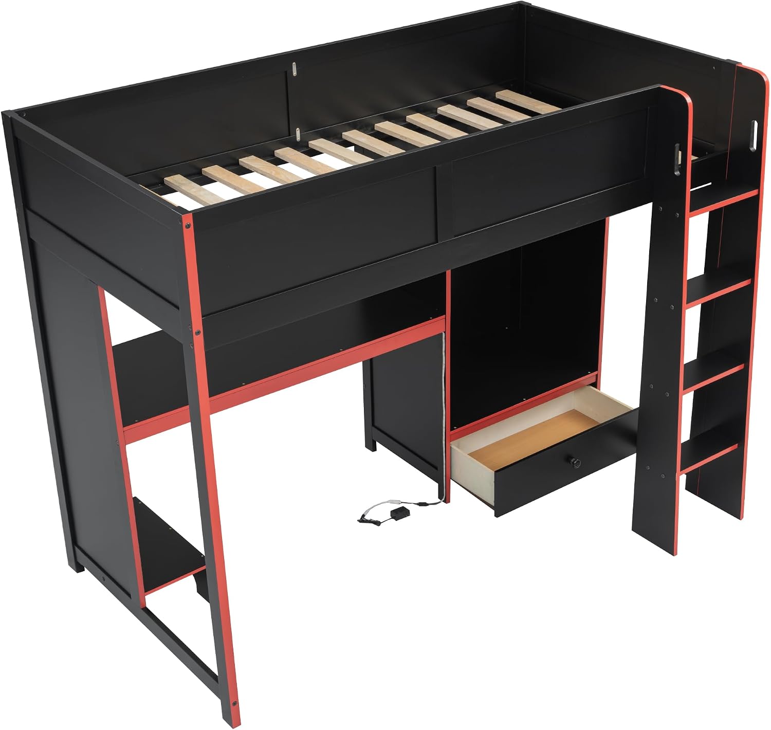 Bellemave Loft Bed with Desk and Lights, Loft Bed Twin with Built-in Wardrobe and Drawers, Wood Loft Beds Frame, Teens, No Spring Box Needed & Dedicated, Black and Red