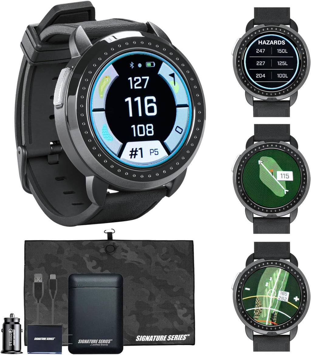 Bushnell Golf iON Elite GPS Smartwatch (Black) | 38,000 Courses, Slope Compensation, Hazard Info, Color Touchscreen, Distance Calculator, Magnet Mount, Scorekeeping | Signature Series Power Bundle