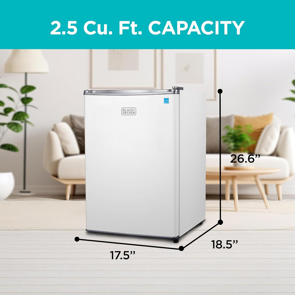 BLACK+DECKER 2.5 Cu. Ft. Compact Refrigerator, ENERGY STAR Certified, Single Door Mini Fridge with Chiller Compartment, Personal Fridge for Home or Dorm Room, R600a Refrigerant, BCRK25W, White