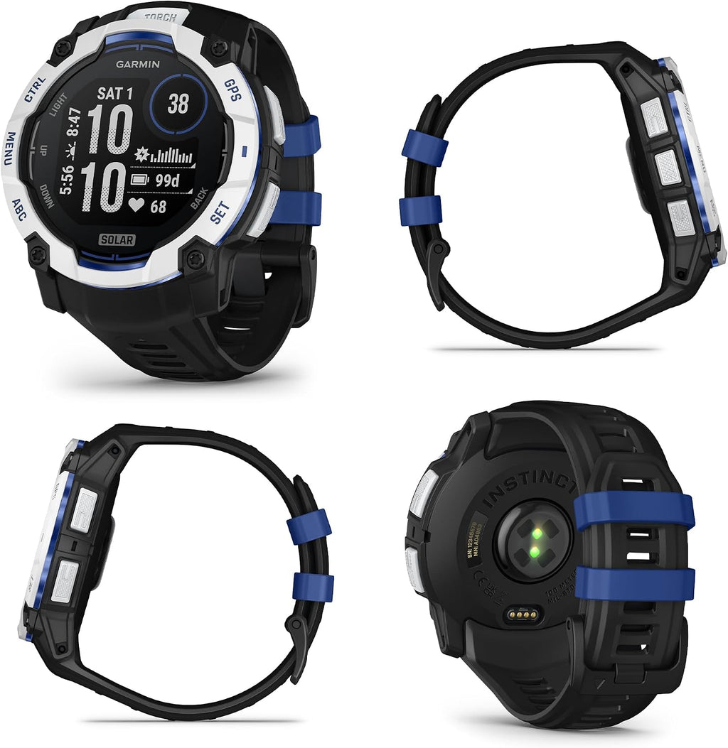 Garmin Instinct 3 Solar Rugged GPS Smartwatch, 50 mm Case, Unlimited Battery with Solar Charging, Multi-Band GPS, Built-in Flashlight, Whitestone with Black/Bolt Blue Band (Supernova Collection)