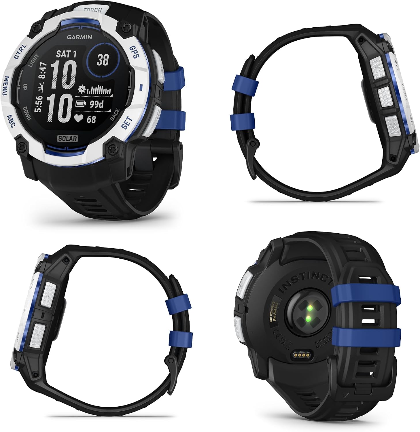 Garmin Instinct 3 Solar Rugged GPS Smartwatch, 50 mm Case, Unlimited Battery with Solar Charging, Multi-Band GPS, Built-in Flashlight, Whitestone with Black/Bolt Blue Band (Supernova Collection)