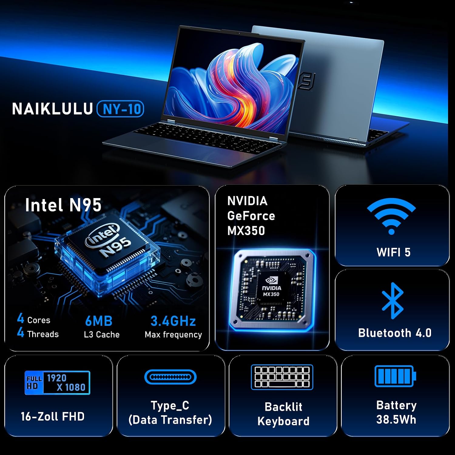 NAIKLULU Gaming Laptop,Window 11 Pro Laptop Computer, 16 Inch Lap Top,16GB RAM 1TB SSD PC 2026,MX350 Graphics,N95 4C/4T Processor(up to 3.4Ghz),Backlit Keyboard,FHD 1920 * 1200 Display,WiFi 5,BT4.0